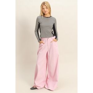 Washed Cotton Denim Wide-Leg Pink Y2k Style Pants